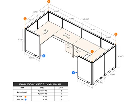 G GOF 2 Person Workstation Cubicle (6'D x 14'W x 4'H) - Office Partition, Room Divider