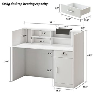 AIEGLE Reception Counter Desk with Adjustable Shelf & Lockable Drawers, White (55.1" L x 23.6" W x 43.3" H)