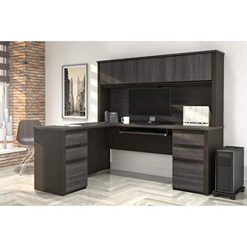 Bestar Prestige + Modern L-Shaped Office Desk with Two Pedestals and Hutch, 72W, Bark Grey & Slate