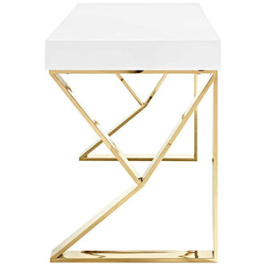 Modway Adjacent Contemporary Modern Office Desk With Metallic Legs in White Gold