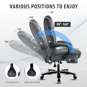 Linting Ergonomic Reclining Office Chair with Footrest & Lumbar Support, 400lbs Big and Tall PU Leather Executive Chair, Grey