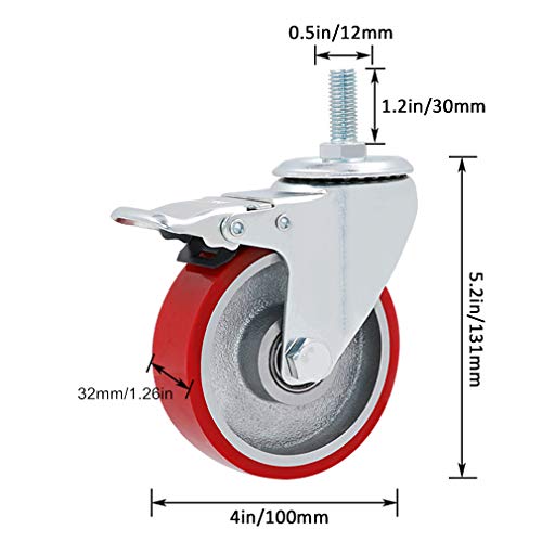 HAOYIWIC Office Chair Wheels 4pcs Swivel Stem Furniture Caster, Red Polyurethane Industrial Castors, M12x30mm Bolt Mount, Heavy Duty, 1323lb Max Capacity, Replacement for Carts, Trolley, Workbench