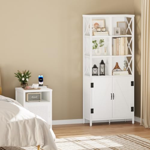 FATORRI Metal and Wood Bookcase with Doors, Tall Cubby Organizer Shelf (White Oak)
