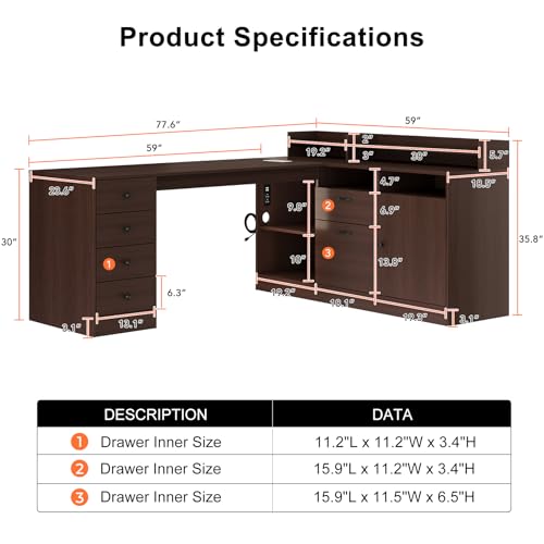 Melidee L Shape Desk - Executive Desk with Drawers, Cabinet Storage, Charging Station & USB Ports