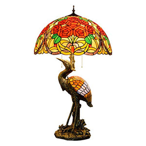 Xihe Tiffany Antique Table Lamp 20" Male Bird Desk Lamp with Colored Roses Glass Lampshade