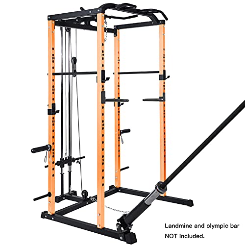 Vanswe Power Cage with LAT Pull Down Attachment, 1000-Pound Capacity Power Rack Full Home Gym Machine with Multi-Grip Pull-up Bar and Dip Handle (Orange)