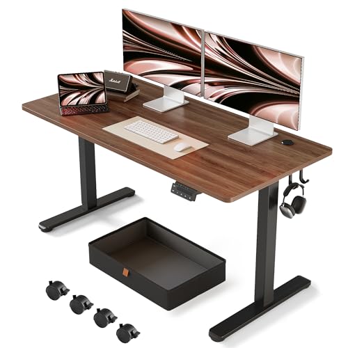 FEZIBO Electric Standing Desk with Drawer, 55 x 24 Inches Adjustable Height, Sit Stand Home Office Desk - Black Walnut