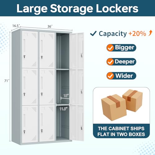 MIIIKO Metal Lockers 3 Tier 3-Wide with 9 Doors, 71" Tall Employee Storage Locker