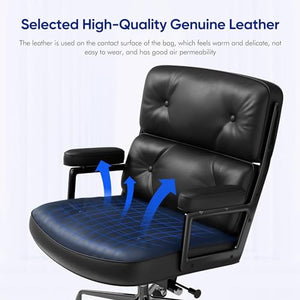 OTDMEL Genuine Leather Mid Back Executive Office Chair with Aluminum Arms and Wheels, Black