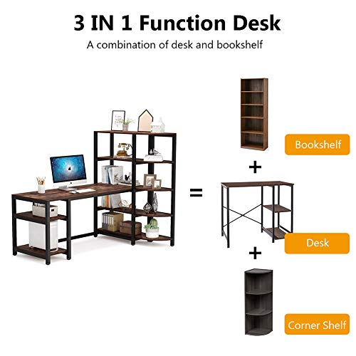 Tribesigns Industrial Computer Desk with 5 Tier Storage Shelves, 67 inch Large Office Desk Study Writing Table Workstation with Corner Bookshelf and Tower Shelf for Home Office, Retro Brown