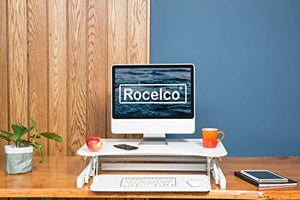 Rocelco 32" Height Adjustable Standing Desk Converter BUNDLE - Sit Stand Computer Workstation Riser with Anti Fatigue Mat - Dual Monitor Retractable Keyboard Tray Gas Spring - Black (R EADRW-MAFM)
