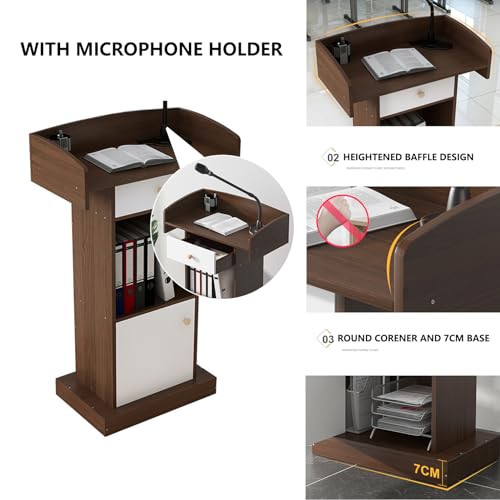 Yadlan Solid Wood White Podium Stand with Microphone Holder and Storage Cabinet