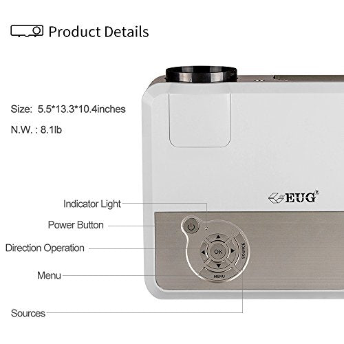 EUG LED Wireless Home Projector with Android WiFi LCD TFT Display 3900 Lumen Smart TV Projector Support Full HD 1080P 720P HDMI USB RCA Audio Speakers&Keystone for DVD Game Console PC Laptop Phones