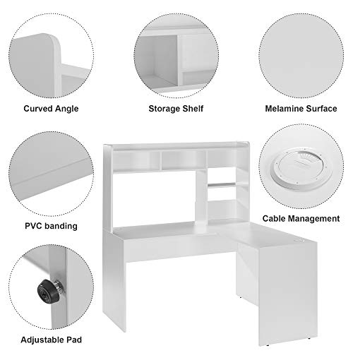Sunon L-Shaped Computer Desk Corner Desk Home Office Office Study Workstation with Bookshelf (White)