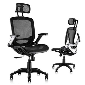 GABRYLLY Ergonomic Mesh Office Chair - High Back Desk Chair with Adjustable Headrest, Flip-Up Arms, Tilt Function, Lumbar Support, PU Wheels