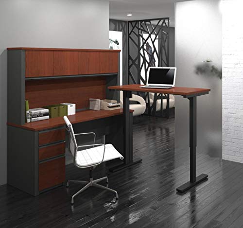 Bestar Prestige + L-Desk with Hutch Including Electric Height Adjustable Table, Bordeaux/Graphite