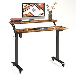 IRONCK Standing Desk, Electric Adjustable Height Desk, Home Office Desks with Shelve, 2-Tier Sit Stand Desk with Wheels, 4 Programmable Preset Controller, Rustic Brown