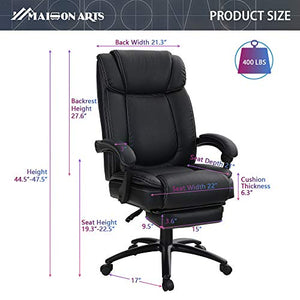 MAISON ARTS Big and Tall Bonded Leather Reclining Office Chair Task Chair, 400lb High Back Executive Massage Computer Desk Chair with Retractable Footrest and Metal Base for Home Office