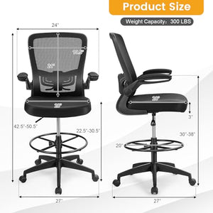 COSTWAY Drafting Chair with Flip-up Armrests & Adjustable Foot Ring, High Back, Ergonomic Lumbar Support - Black (2 Pack)