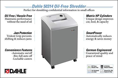 Dahle 50314 Oil-Free Paper Shredder with Jam Protection, SmartPower, German Engineered, 16 Sheet Max, Security Level P-4