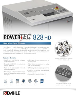 Dahle PowerTEC 828 HD Hard Drive/Paper Shredder, Chain Driven 4.5 Hp Motor, Security Level P-3/H-4