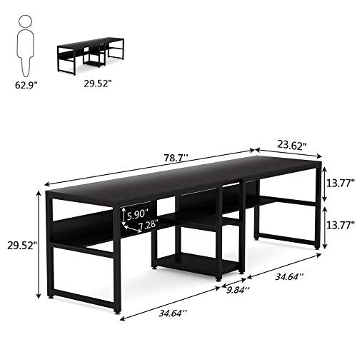 Tribesigns Two Person Desk with Bookshelf, 78.7 Computer Office Double Desk, Rustic Writing Workstation (Black)