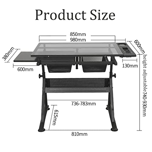 EESHHA Folding Drawing Table Drafting Desk with Adjustable Height and Tempered Glass Top