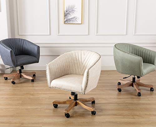 Chairus Retro Faux Leather Swivel Barrel Arm Chair with Luxury Nailheads, Mid Century Modern Upholstered Home Office Desk Accent Chair with Wood Base Mid-Back, Dark Grey