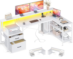 ODK L Shaped Desk with File Drawer, 75" Reversible Computer Desk, Power Outlet, LED Strip, Storage Shelves, Monitor Shelf - White