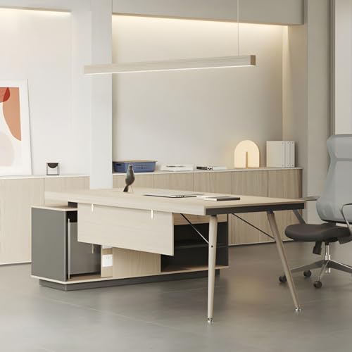 KWOKING Contemporary Natural Executive Desk Oak L-Shape Wooden Office Desk - 70.9" L x 31.5" W x 29.5" H
