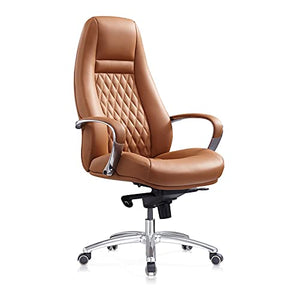 FURIJING Genuine Leather High Back Office Chair with Aluminum Swivel Base - Brown
