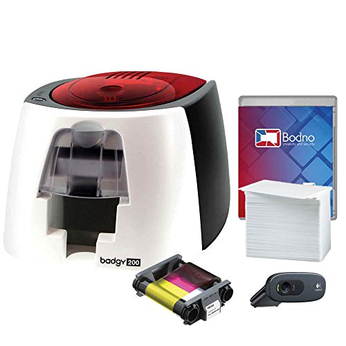 Badgy200 Color Plastic ID Card Printer with Complete Supplies Package with Photo ID Camera & Bodno ID Software - Silver Edition