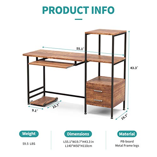 Mecor Study Writing Computer Desk 55" with Drawers/Keyboard Tray/Storage Shelves, Modern Simple Style PC Desk Laptop Study Table Workstation for Home Office (Walnut Brown)