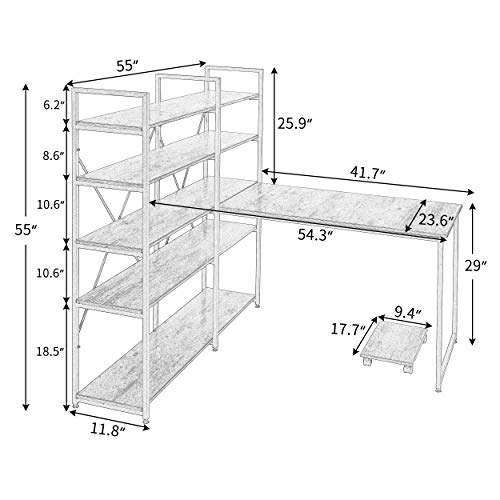 54" Large Home Office Computer Desk with 5-Tier Shelves, Office Desk Study Table with Bookcase, Writing Desk Workstation with Hutch Bookshelf (Brown)
