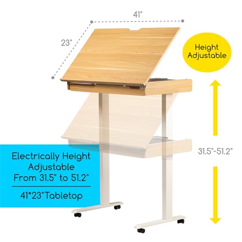 MEEDEN Electric Adjustable Drafting Table - Height 31" to 52" - Tiltable Tabletop - Rolling Wheels