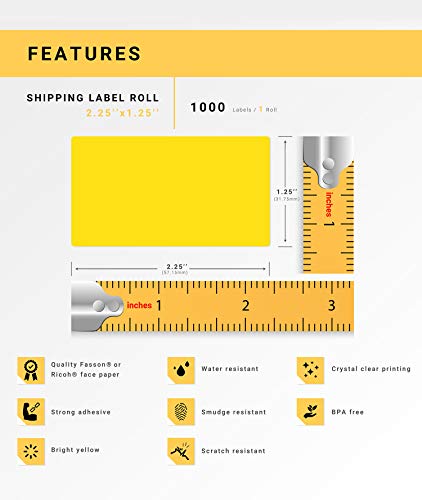 HOUSELABELS 2.25" x 1.25" Yellow Address Labels on 1" Core Compatible with Zebra and Rollo Printers, 50 Rolls / 1,000 Labels per Roll