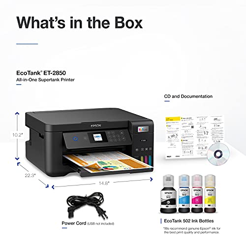 Epson EcoTank ET-2850 Wireless Color All-in-One Cartridge-Free Supertank Printer with Scan, Copy and Auto 2-Sided Printing – The Perfect Family Printer - Black