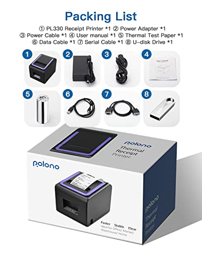 Receipt Printer, 3 1/8" 80mm POLONO PL330 Direct Thermal Receipt Printer, 300mm/s Bluetooth Receipt Printer with Auto-Cutter for ESC/POS Compatible with Windows Android iOS Bluetooth Serial USB
