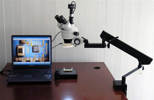 AmScope SM-6TZ-FRL-5M Digital Professional Trinocular Stereo Zoom Microscope, WH10x Eyepieces, 3.5X-90X Magnification, 0.7X-4.5X Zoom Objective, 8W Fluorescent Ring Light, Clamping Articulating Arm Stand, 110V-120V, Includes 0.5X and 2.0X Barlow Lenses an