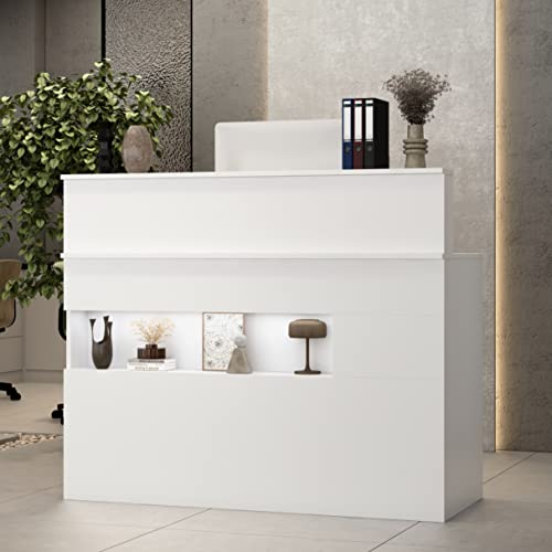 AIEGLE Reception Desk with Counter, Lighted Display Shelf, Lockable Drawers - White (47.2" W x 19.7" D x 39.2" H)