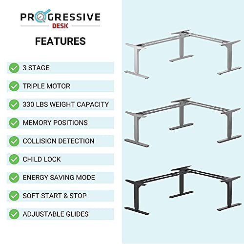 Progressive Automations L Shaped Height Adjustable Standing Desk 78" x 48" - Electric Stand Up Corner Computer Desk - White Frame/Gray Oak Top