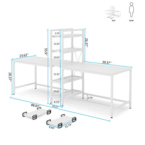 Tribesigns Two Person Computer Desk with Bookshelf, 89 Inches Office Double Desk with 2 CPU Stands, Rustic Writing Desk Workstation Table with Shelves for Home Office for Two Person (White)