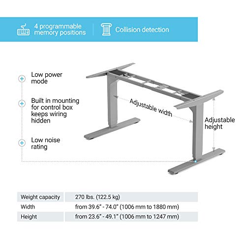 Standing Desk Frame Dual Motor. Adjustable Height and Width, 3 Stages Electric Legs for sit Stand desks. Suites Tops from 48" to 73" FLT-02 Grey