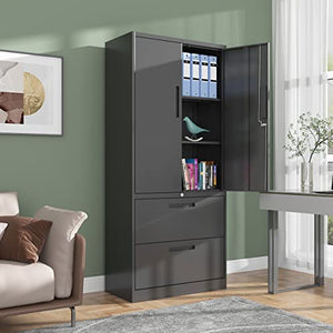 SISESOL Metal Storage Cabinet with Drawers, 71" File Cabinets - Black, 2 Drawers