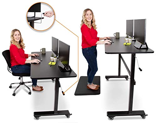 Stand Steady Tranzendesk | 55 Inch Standing Desk with Attachable Wheels| Easy Crank Height Adjustable Sit to Stand Workstation | Modern Ergonomic Desk Supports 3 Monitors (55 / Black)