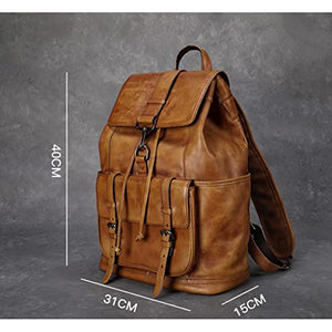 ADIE Retro Men's Large Capacity Backpack，Men Portable Genuine Leather Laptop Bag，First Layer Cowhide Travel、Business、Student Daypack (Color : Brown, Size : 14inchs)
