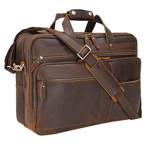 Polare 18" Full Grain Leather Briefcase For Men Business Travel Case Messenger Bag Fits 17.3" Laptop Large