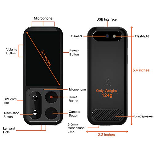JoneR Voice Language Translator Device, 2-Year Unlimited Global Data, Support Photo Translation, 3.1-inch Touch Screen, 55 Languages +75 Accents Instant Two-Way Portable Translator, Fly, Black