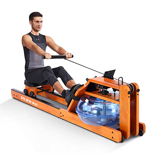 RUNOW Water Rowing Machine with LCD Monitor Water Rower Wooden Adjustable Resistance Oak Wood Rowing Machine for Home Use