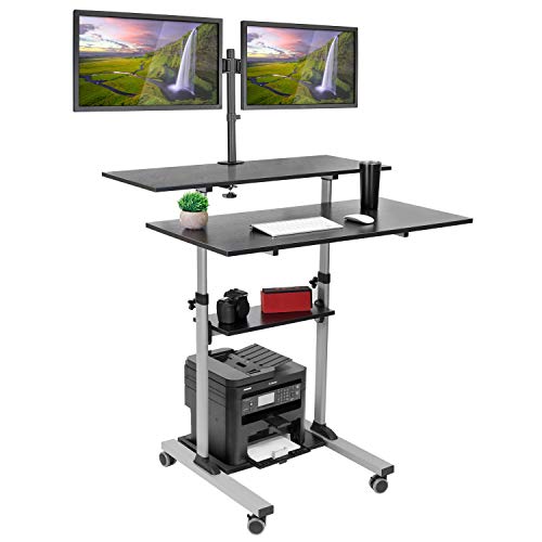Mount-It! Mobile Standing Desk with Dual Monitor Mount - 40" Wide Height Adjustable Rolling Workstation